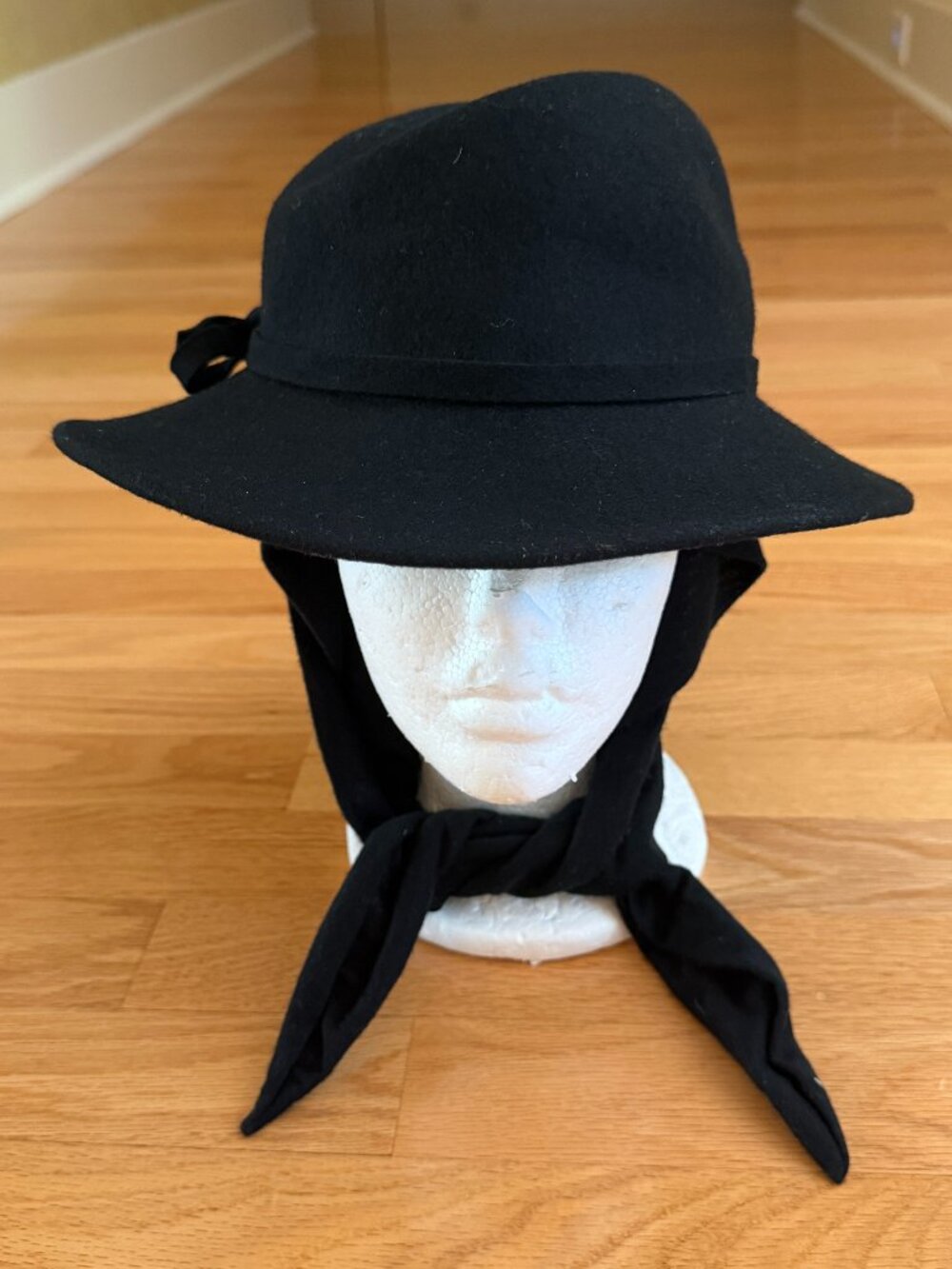 Vintage Lancaster 100% Wool Felt Hat with Attached Black Scarf